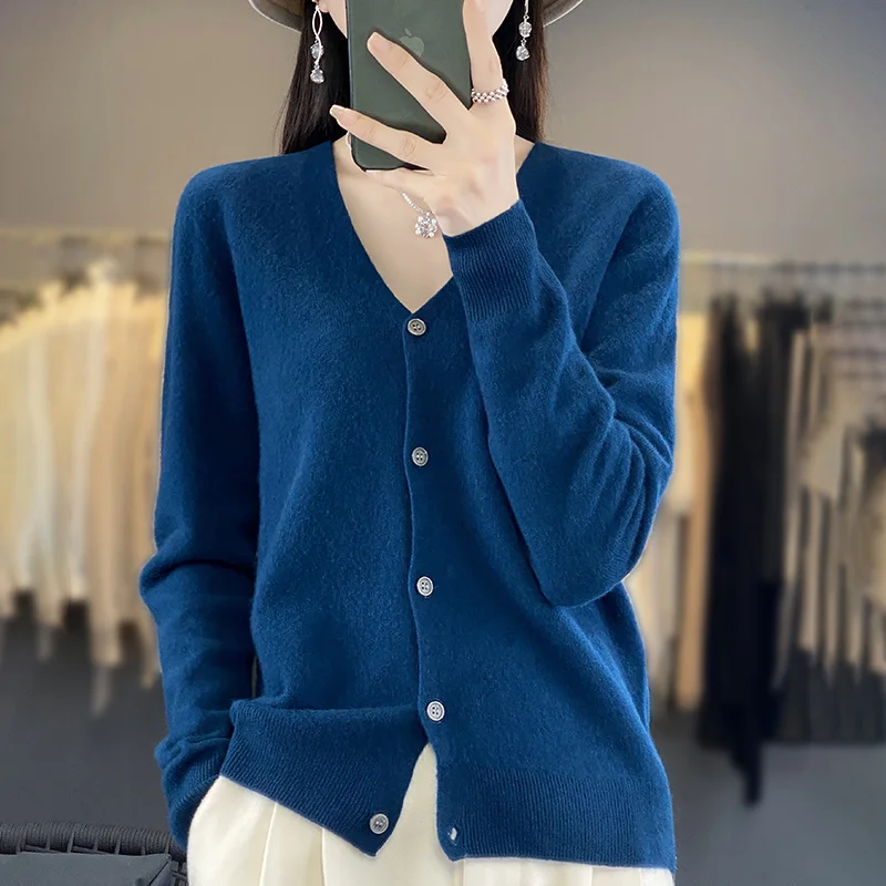 Autumn Winter Women New 100% Merino Wool Sweater V-neck Solid Knitted Cardigan Casual Thick Jacket Loose Soft Knitwear