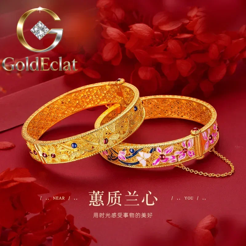 

GoldEclat 9999 Genuine 24K Gold Orchid Enamel Bracelet, Spacious Size for a Statement