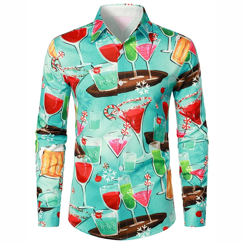 เสื้อเชิ้ตพิมพ์ลายเต็มตัวสำหรับผู้ชาย ลายไวน์ เบียร์ งานเลี้ยง ดนตรี ครอบครัว งานปาร์ตี้ ตลก แขนยาว ติดกระดุม เสื้อคริสต์มาส เสื้อท็อป