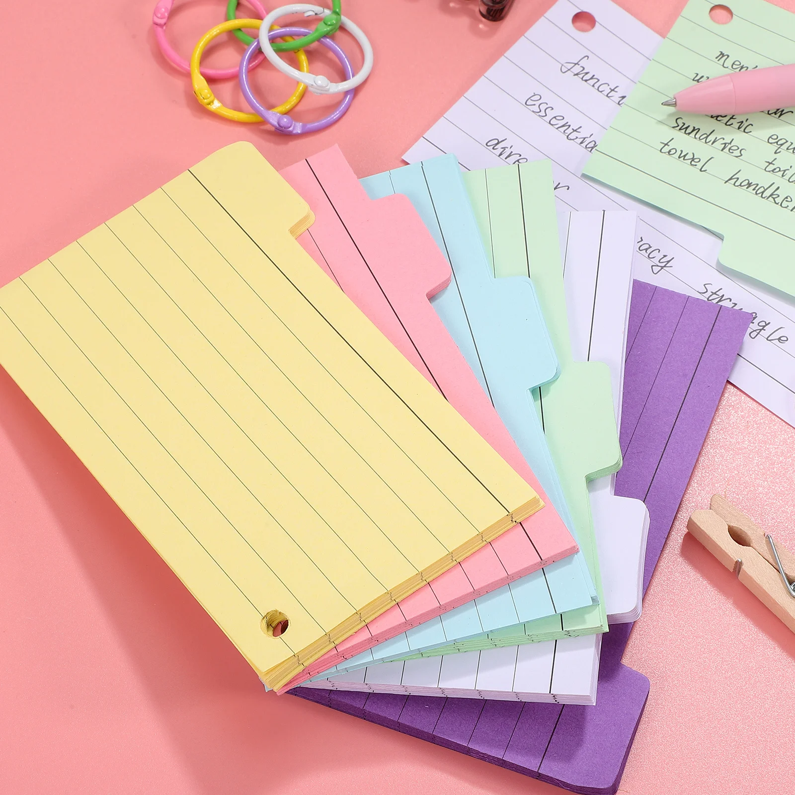 

6pcs Lined Index Hole-Punched Flashcards For Studying Memory Note Cards With Binder Rings Ruled Color-Coded Vocabulary