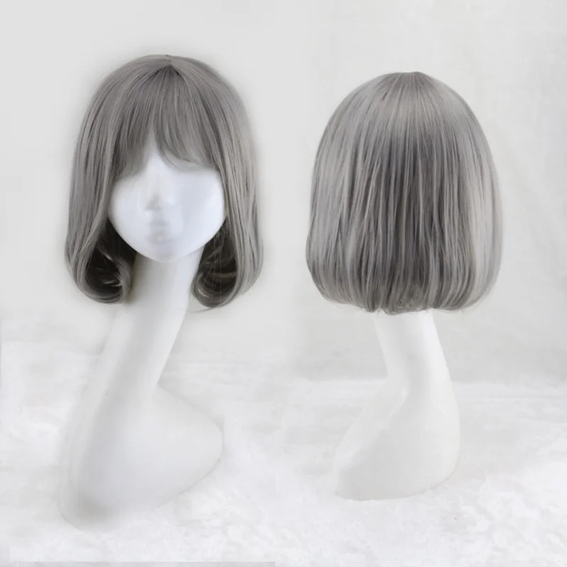 Air bob short curly wig in granny /smoky /silver gray for women with straight bangs