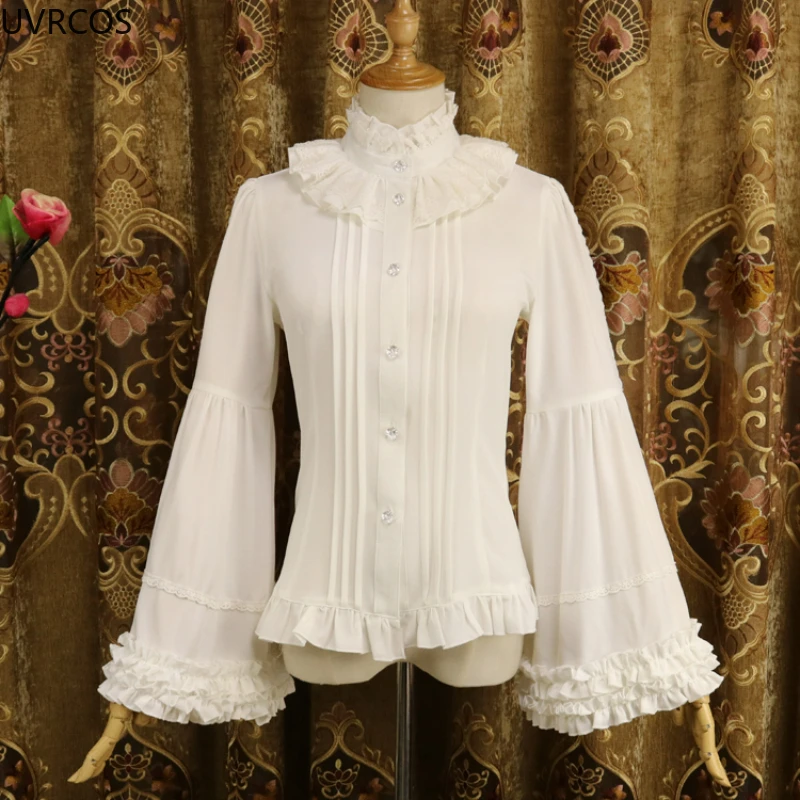 Victorian Gothic Lolita Style Shirts Women Vintage Elegant Long Sleeves Blouse Female Japan Fashion Ruffles Turtleneck Slim Tops