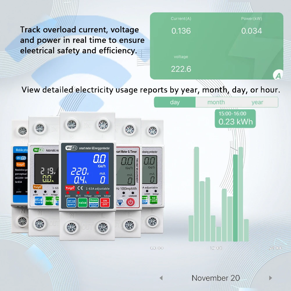 RMshebei SmartLife PV Circuit Breaker Tuya Voltage Relay 220V WiFi Over Current Leakage Protection Timer MCB 63A Power Meter110V