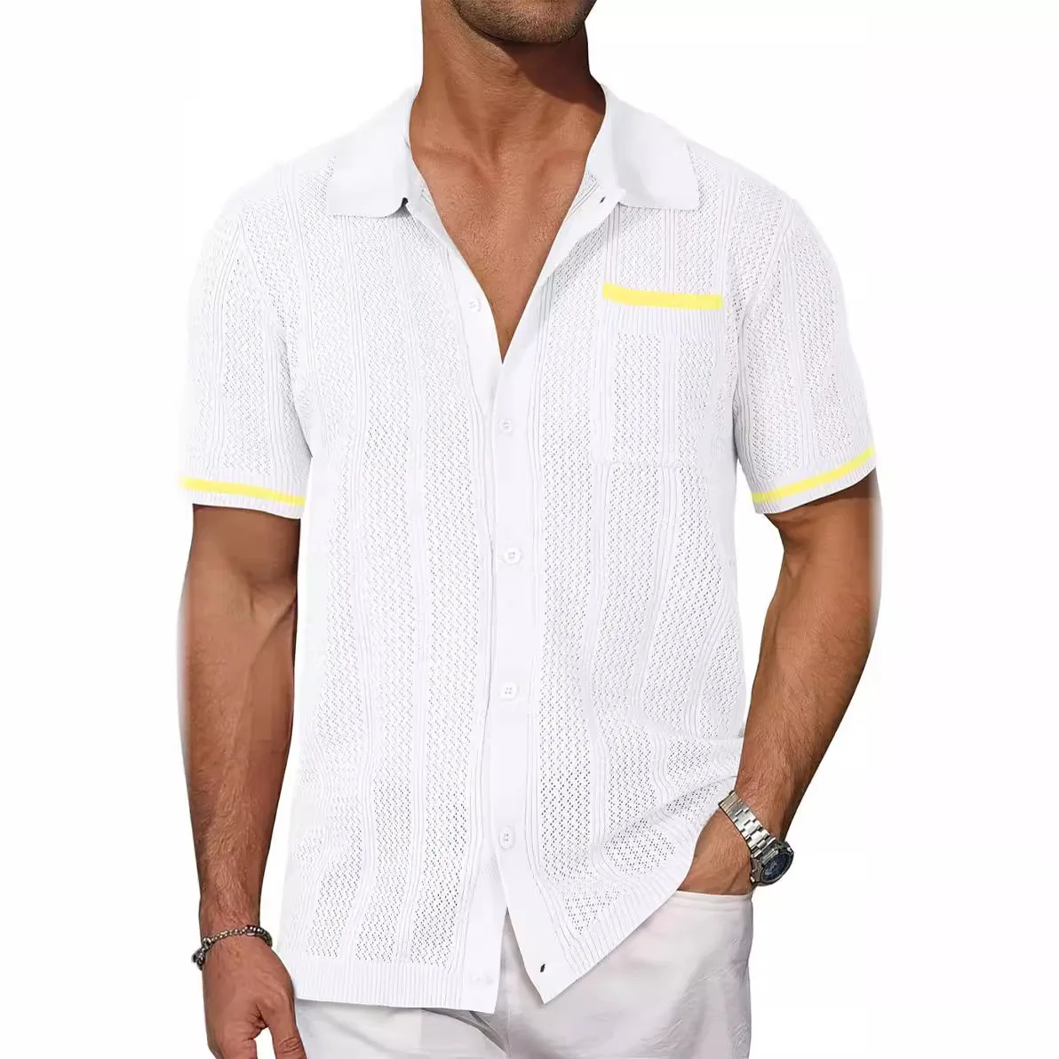 Summer New Short-sleeved Shirt Pockets Hollow Breathable and Cool Summer Mens Casual Top Cardigan