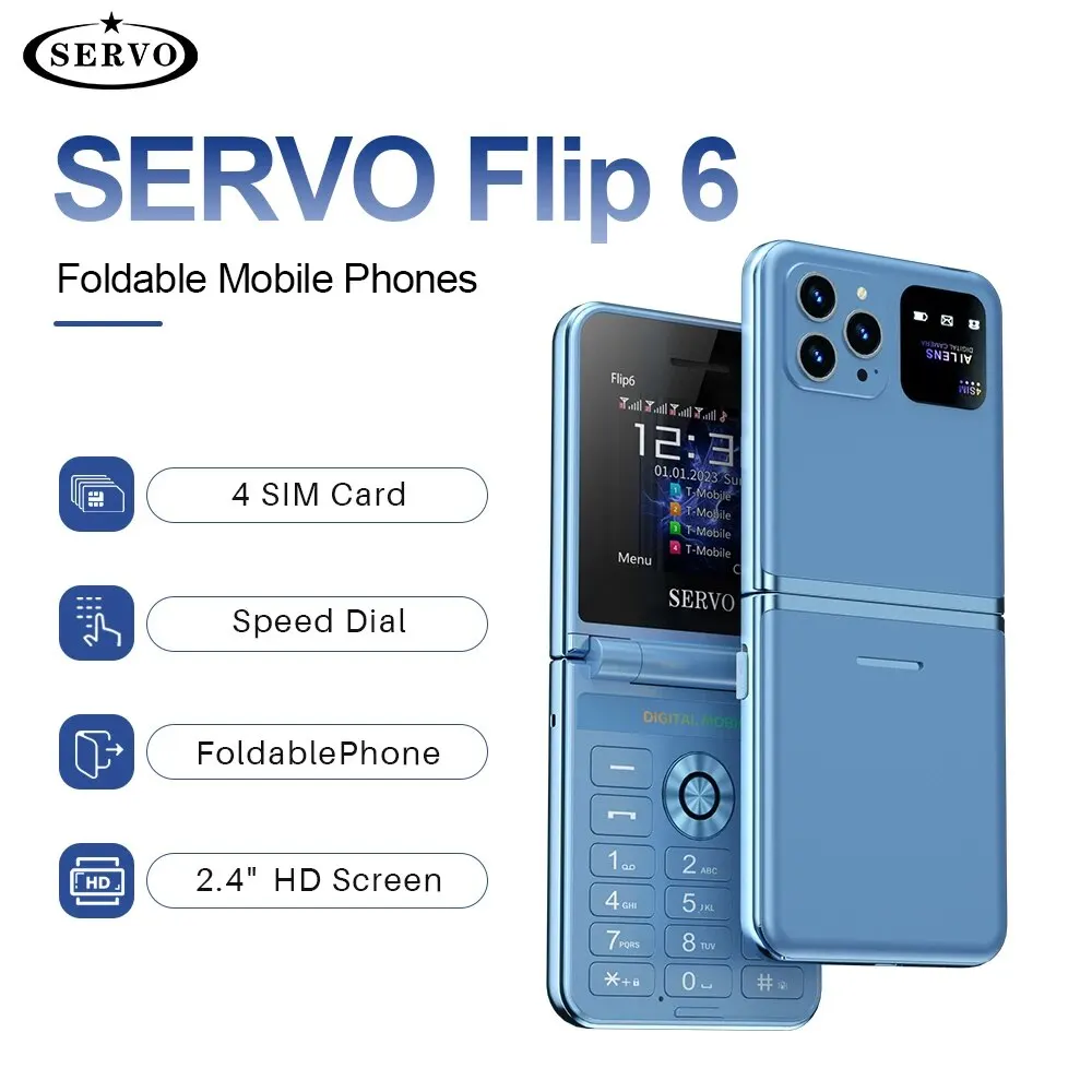 SERVO Flip6 접이식 휴대폰, GSM 네트워크 손전등, Mp3 스피드 다이얼, 푸시 단추 클램셸 폰, 클래식 색상, 4 SIM 카드, 신제품 