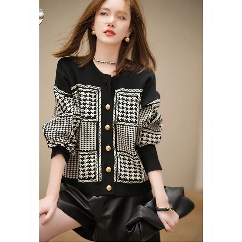 Kobiety Vintage Plaid Striped Knitwear Autumn Winter New Loose Casual O-neck Cardigan Office Lady Classy Soft Warm Wool Sweaters