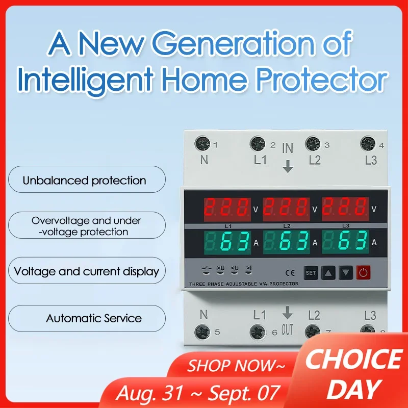 100A/63A 3 Phase Adjustable Over and Under Voltage Protector Overcurrent Protection Din Rail Voltmeter Ammeter Relays Protector