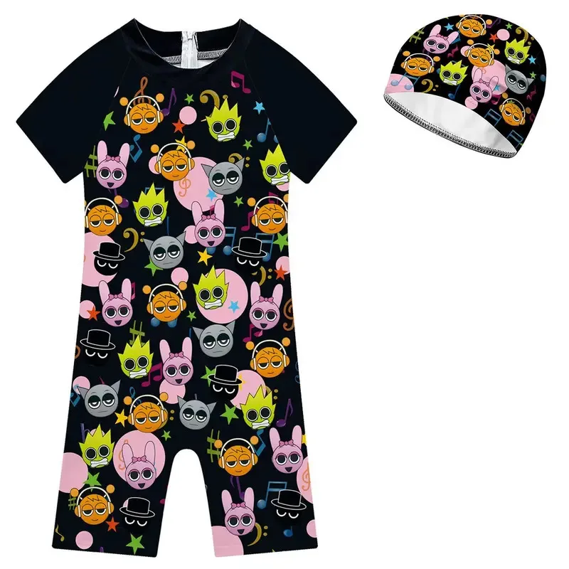 

25COSSprunki детский купальник для мальчиков и девочек, наряды для летних каникул, цельный комплект одежды для плавания + шапочка, детский комплект с мультяшным принтом, Cl