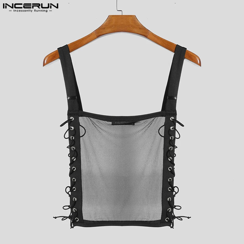 INCERUN الرجال تانك القمم شبكة المرقعة الرباط مثير الجوف خارج انظر من خلال سترات الذكور الصيف الشارع الشهير موضة المحاصيل القمم S-5XL #3