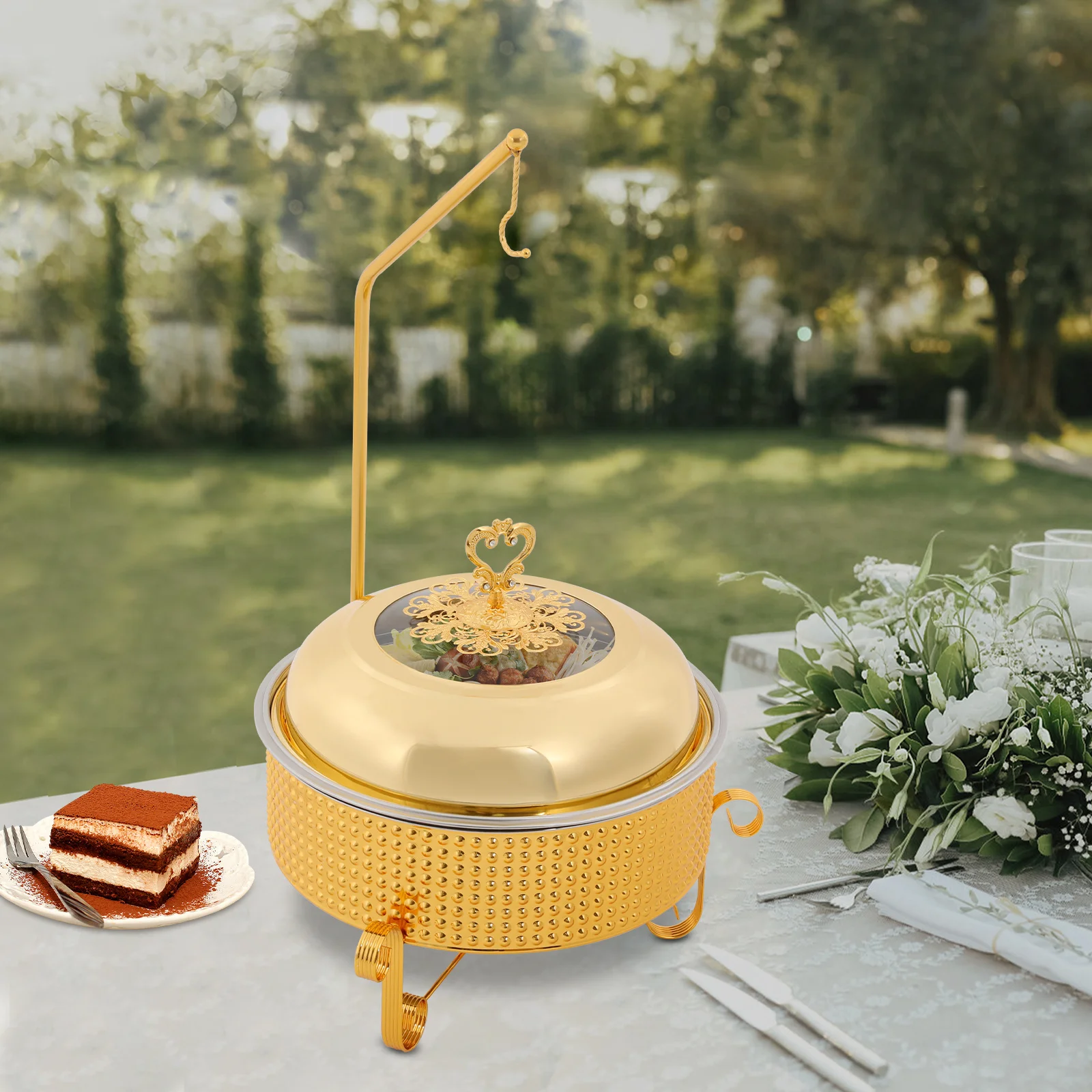 

1 Set Stainless Steel Food Warmer Buffet Chafing Dish Set Hanging Lid Dining Stove Large Capacity Even Heat Distribution Sturdy