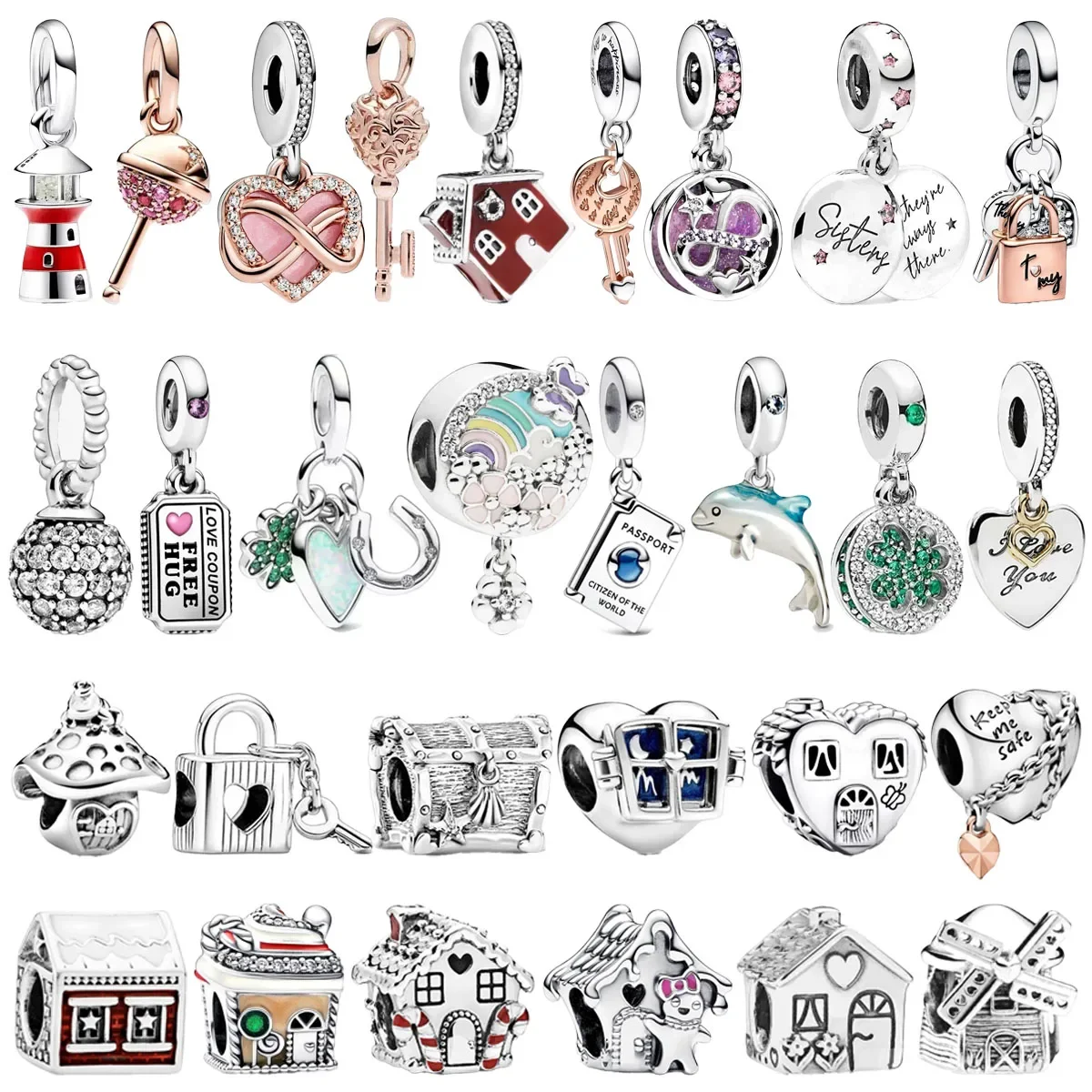 NEW Fit Original Pandora Bracelet Necklace Happy Heart House Padlock Key Dangle Charm Silver 925 Beads For Women Fashion Jewelry