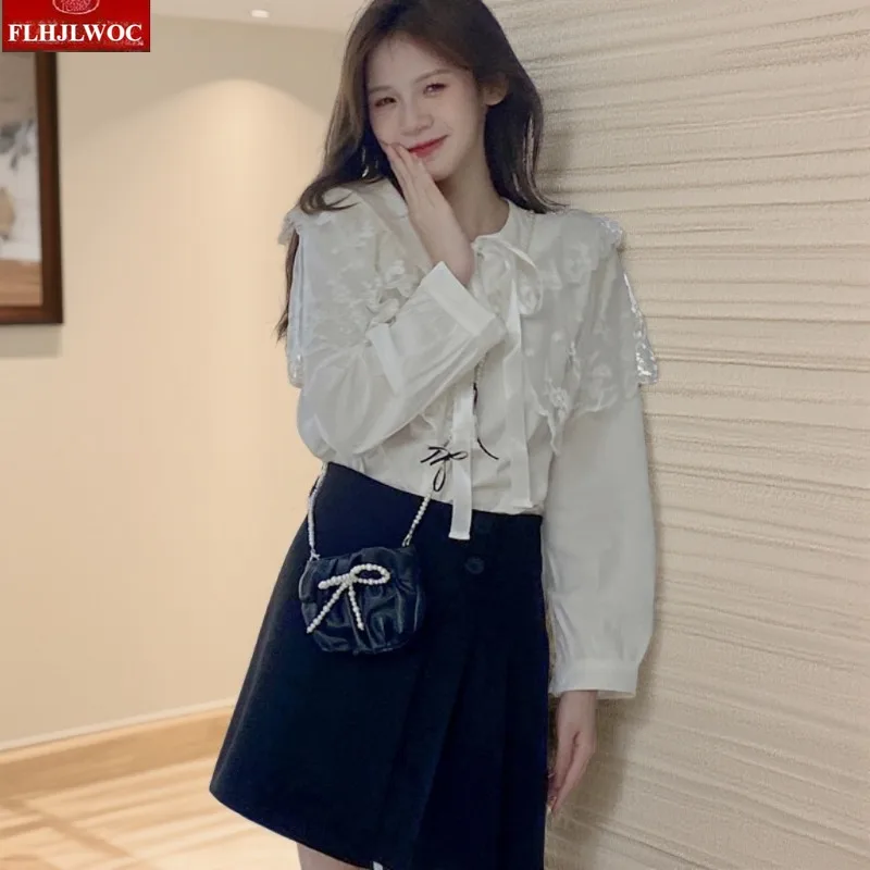 القطن الكشكشة مقوس دانتيل القوس التعادل القمم المرأة الكورية نمط اليابان الفتيات طويلة الأكمام أنيقة لطيف الشريط الحلو الأساسية قمصان بيضاء البلوزات