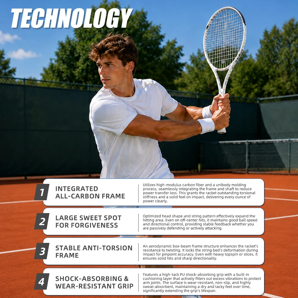 EXPLORER Selected Original 100% Full Carbon Fiber Tennis Racket, Aerospace-Grade Frame 270±5g, Balance Between Offense & Defense view 3