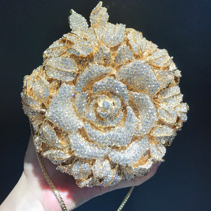 Gold Metal AB Crystal Evening Bag Women Flower Wedding Purse Lady Diamond Bridal Clutches Party Prom Handbags Minaudiere
