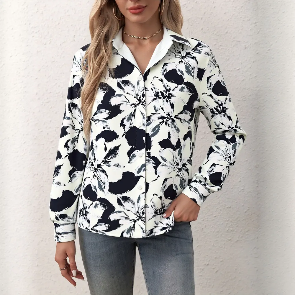 

Mia Muse Select Women's Shirts Autumn Winter Daily Botanical Full Print Button Front Cuff Sleeve Shirt Collar Simple Shirts