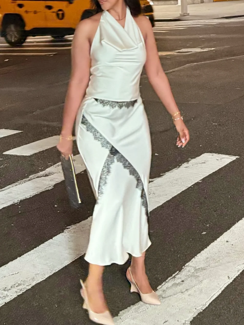 

Sexy Chic Satin Women Suits Lace Patchwork Halter Backless Tops Straight Long Midi Skirts Fashion 2025 Autumn Party Suits