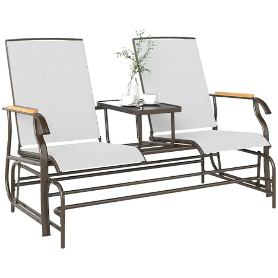 2 Person Outdoor Glider Bench Patio Swing with Breathable Mesh Cream White Steel Frame Table for Garden Backyard Porch