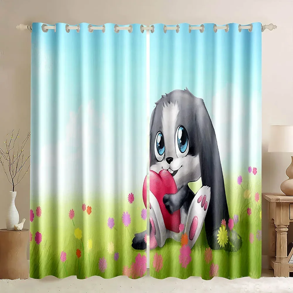 Cartoon Funny Rabbit Window Curtain for Kids,Cute Animals White Bunny Pattern Love Heart Yellow Background Blackout Curtains