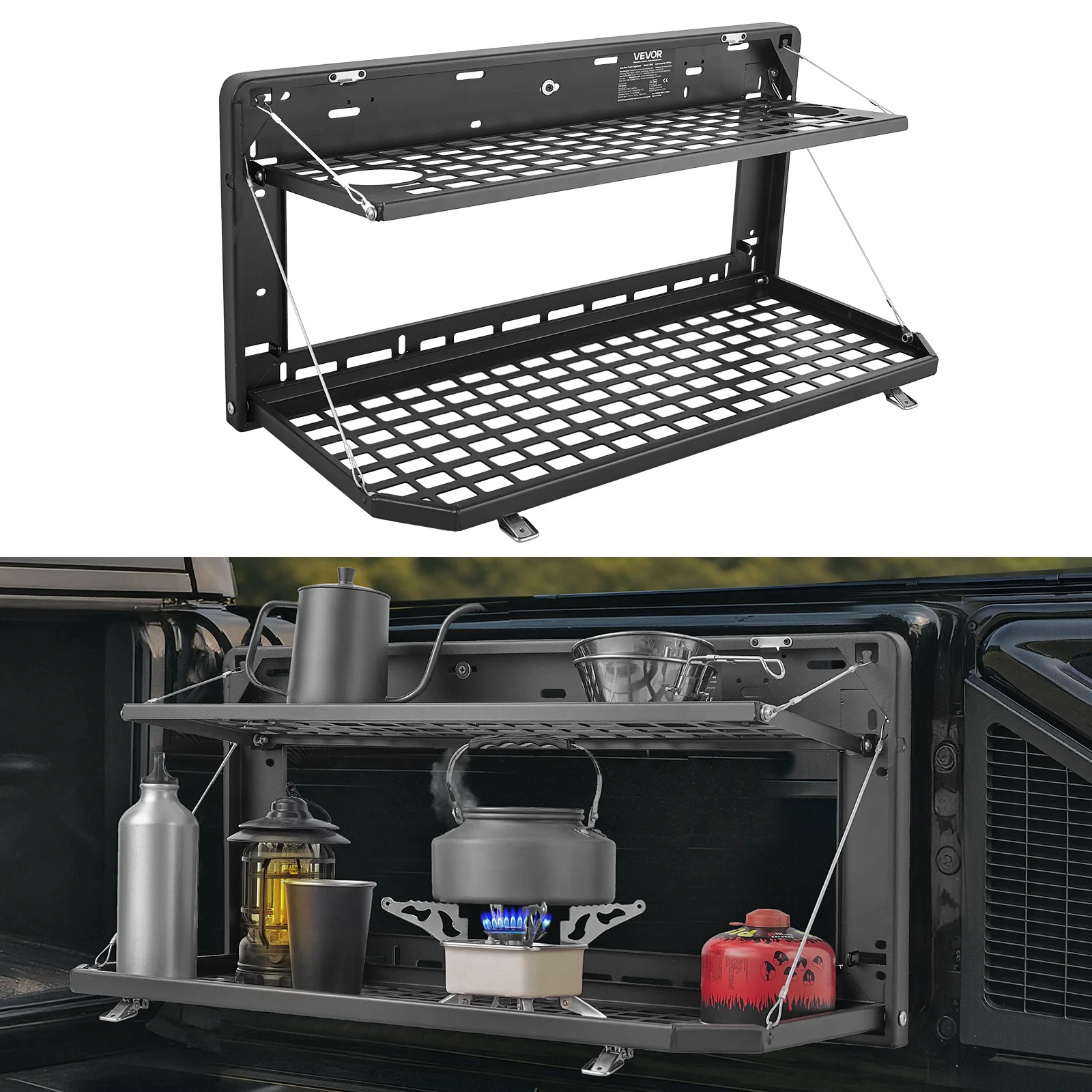 VEVOR Tailgate Table, for 2007-2024 Jeep Wrangler JK, 88 lbs / 100 lbs, Carbon Steel Foldable Molle Panel Single-Layer / Double-Layer Drop Down Table, Rear Cargo Storage Rack Shelf Luggage Holder Carrier Camping Accessories