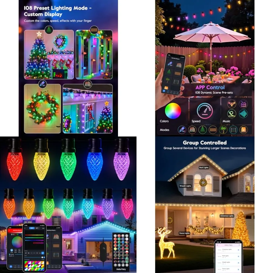 

100 LED RGB C9 String Light with Remote, App Control, Music Sync, Connectable Waterproof Christmas Lights for House Tree Patio
