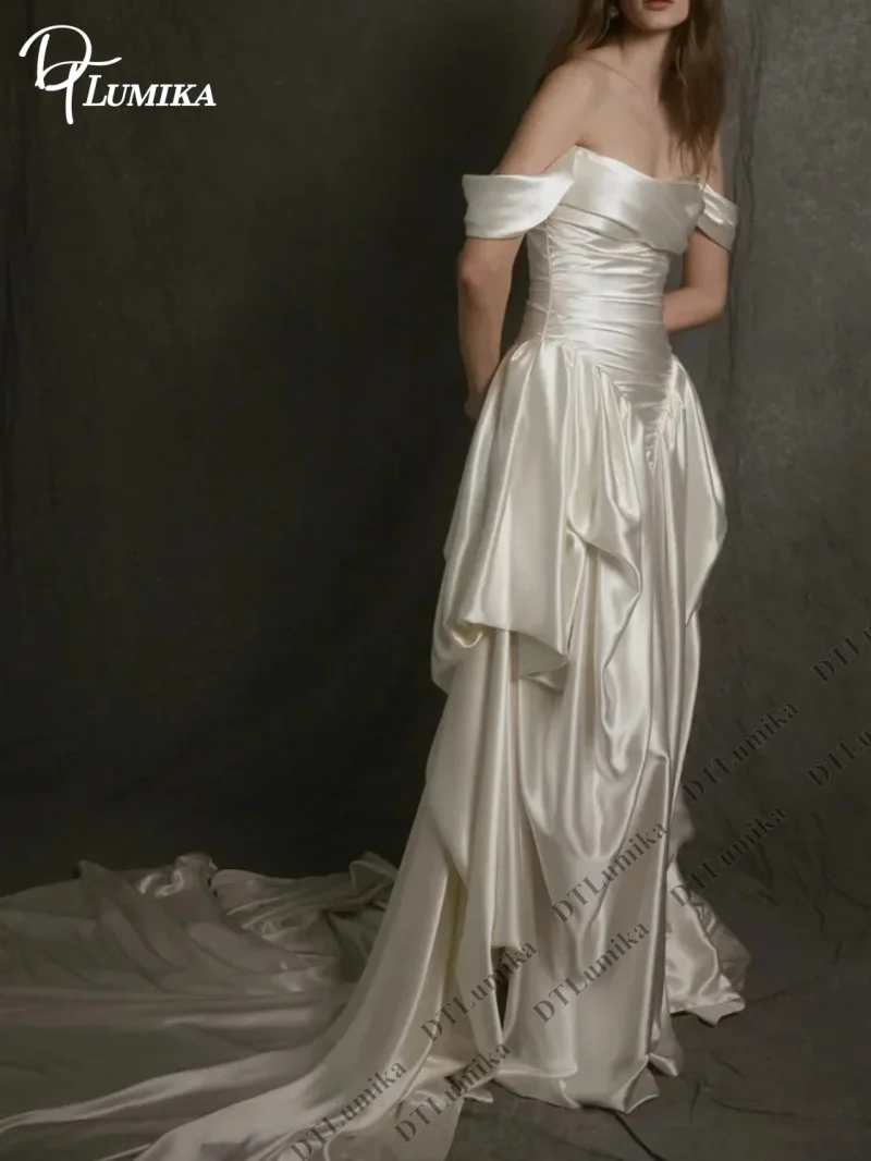 DTLumika Off-the-Shoulder Satin Wedding Gown Tiered Long Train Bride Dress Customized Elegant Glossy Bridal Gown Zipper Closure