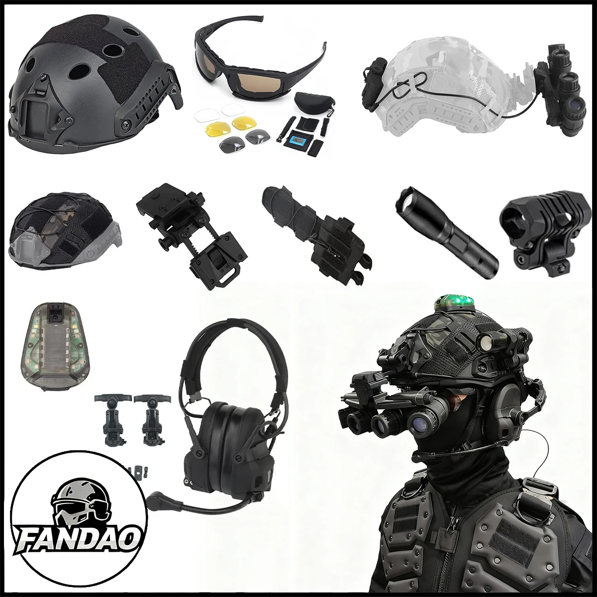 Fast Airsoft Helmet Set with Tactical Headset Face Mask NVG Model Signal Light L4G24 Outdoor Paintball Shooting CS Game Gear
