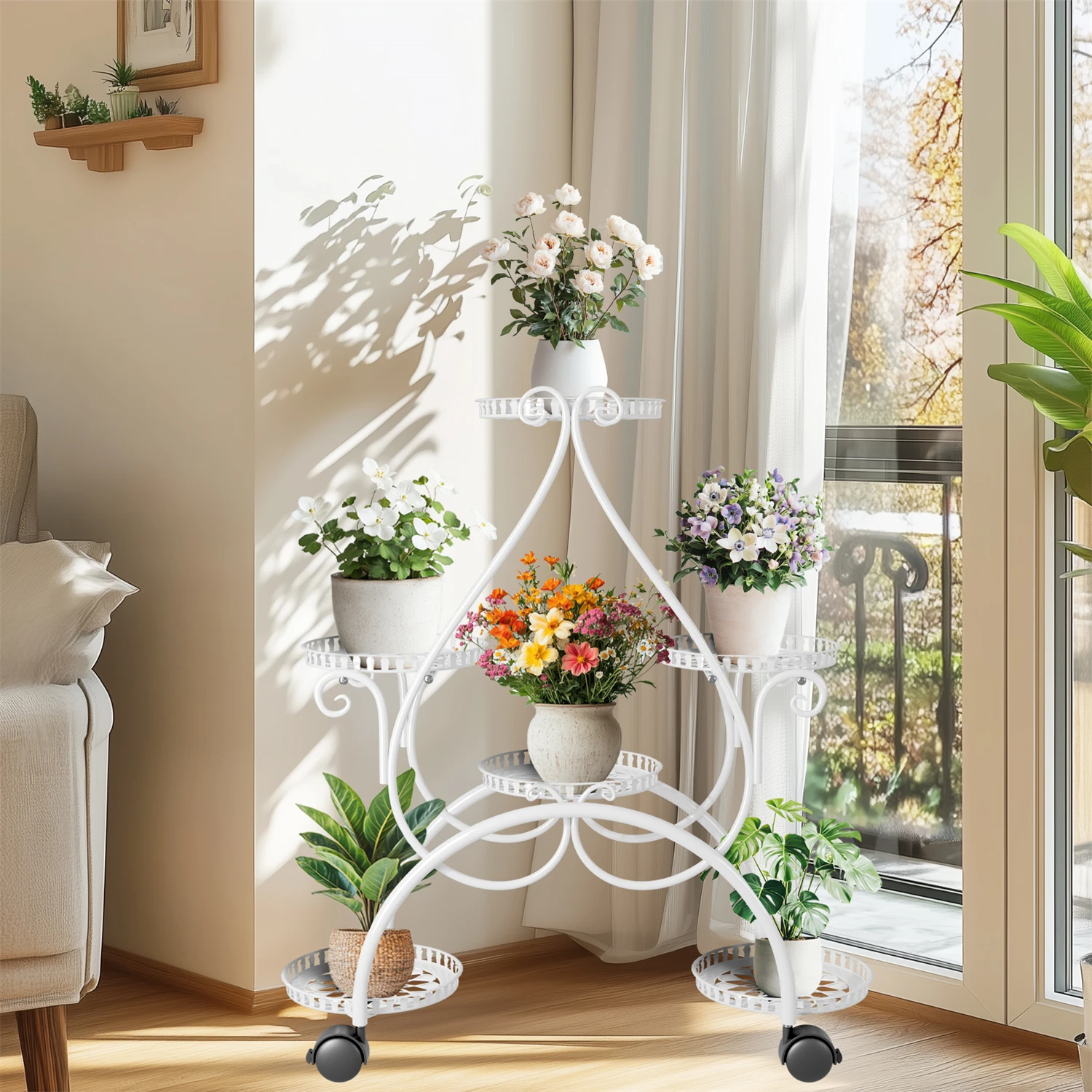 6 Potted Metal Plant Stand Garden Cart with Wheel for Living Room Balcony Garden Flower Pot Plant Holder Display Rack