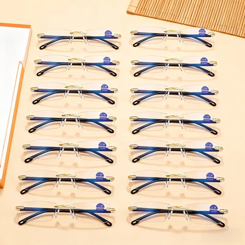 Image of 14-teiliges Set rahmenloser Lesebrillen mit geschliffenen Kanten sind leichte und bequeme Lesehilfen für Männer und Frauen