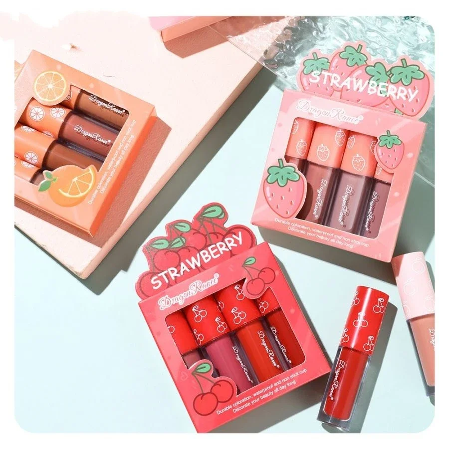 Velvet Matte Lip Glaze Set, Non-Fading, Non-Stick Cup, Fruit Makeup Lip Gloss, Four Mini Set