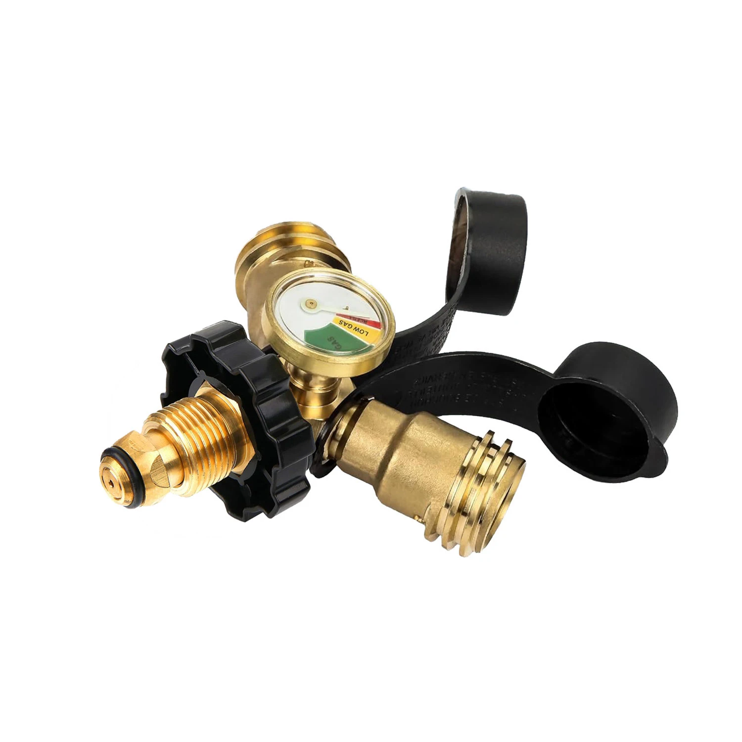 Propane Y Tee Brass Body with Pressure Gauge, 1 Male POL & 2 Female POL, QCC Adapter for Grill & Heater