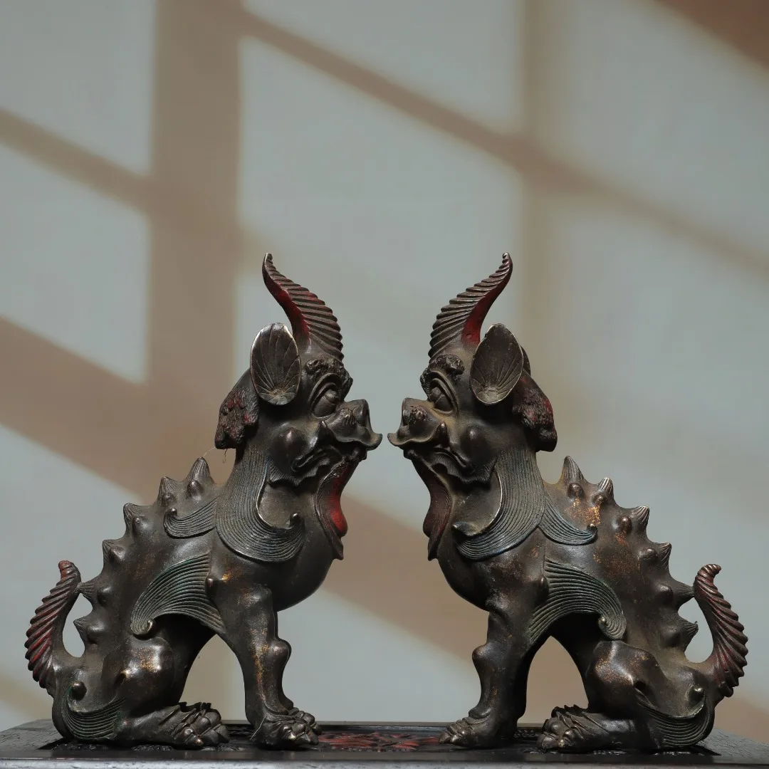 11"Old Bronze Gilded Cinnabar Unicorn Statue Exorcist Beast Door Gods a pair Study screen Amass wealth Ornaments Town house