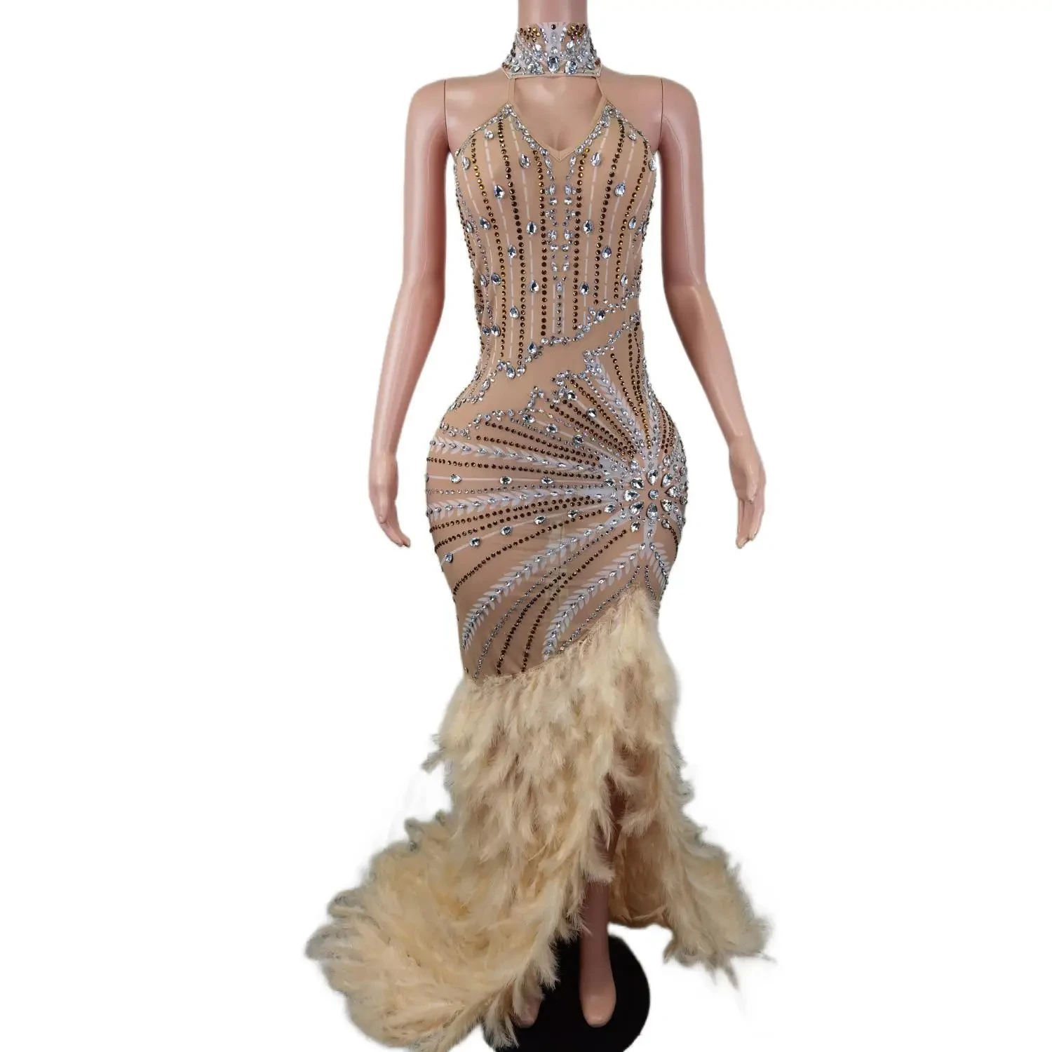 

Sparkly Rhinestones Long Feather Tailing Dress Women Evening Birthday Celebrate Dress Singer Show Stage Wear Preformance Costume