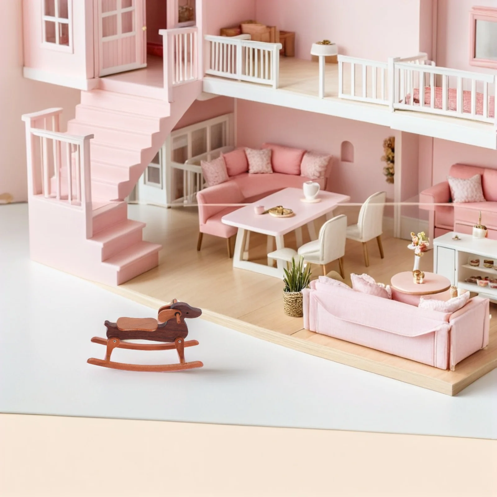 

Miniature Wooden Rocking Horse Dachshund Dollhouse Nursery Decoration Playroom Accessory Home Desktop Decor Furniture Kids Gift