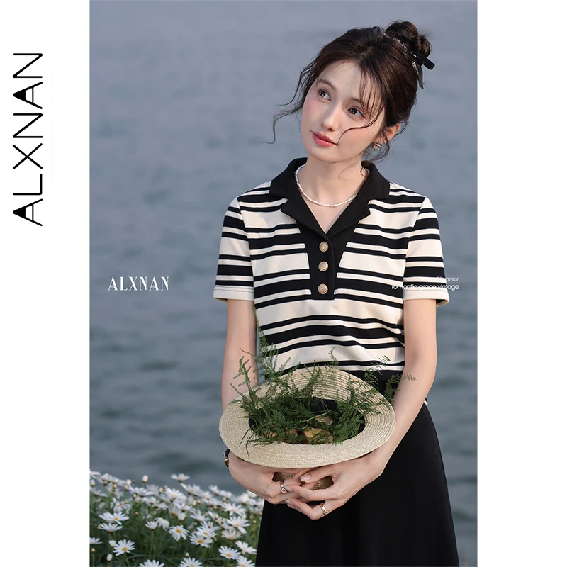 ALXNAN Dames Gestreept T-shirt Polo Kraag Korte mouw Gebreid T-shirt 2025, Zomer Elegant Casual Loose-fit Tops Dames L55333