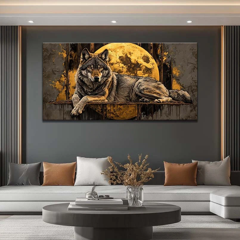 Modern Abstract Black Brown Wolf Golden Moon Poster Print Wildlife Art Canvas Painting Wall Art Picture Living Room Home Decor