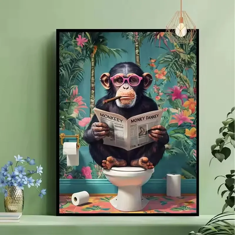 Lustiger Affe, der Zeitung auf der Toilette liest, Leinwanddruck, schwarze Katze, Tier, Badezimmer-Wandkunst, Poster für modernes Wohnzimmer, Heimdekoration