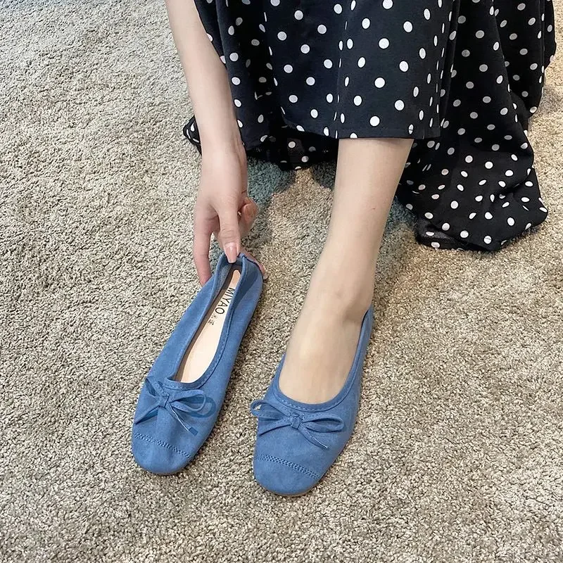 Blue Low Heel Elegant Kawaii Shoes for Women Round Toe with Bow Cute Woman Footwear Spring Fashion Chic on Offer Dress Non Slip