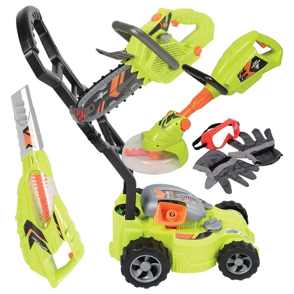 

6-Piece Child's Power Gardening Tool Set for Ages 3+, Play Lawn Equipment with Leaf Blower, Chainsaw, Mower, Green