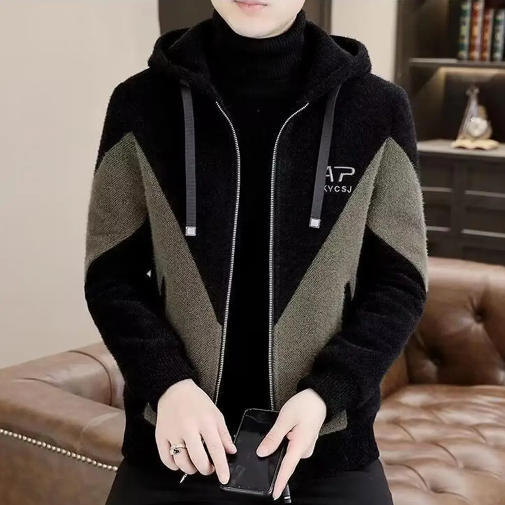 Color Matching Men Jacket Men's Hooded Drawstring Jacket with Color Matching Thick Soft Winter Coat for Plus Size Long Sleeve