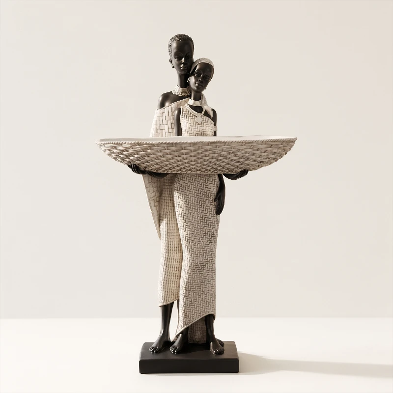 African Couple Figurine Sculpture with Decorative Storage Tray Key Candy Jewelry Holder Entryway Living Room Desktop Ornament