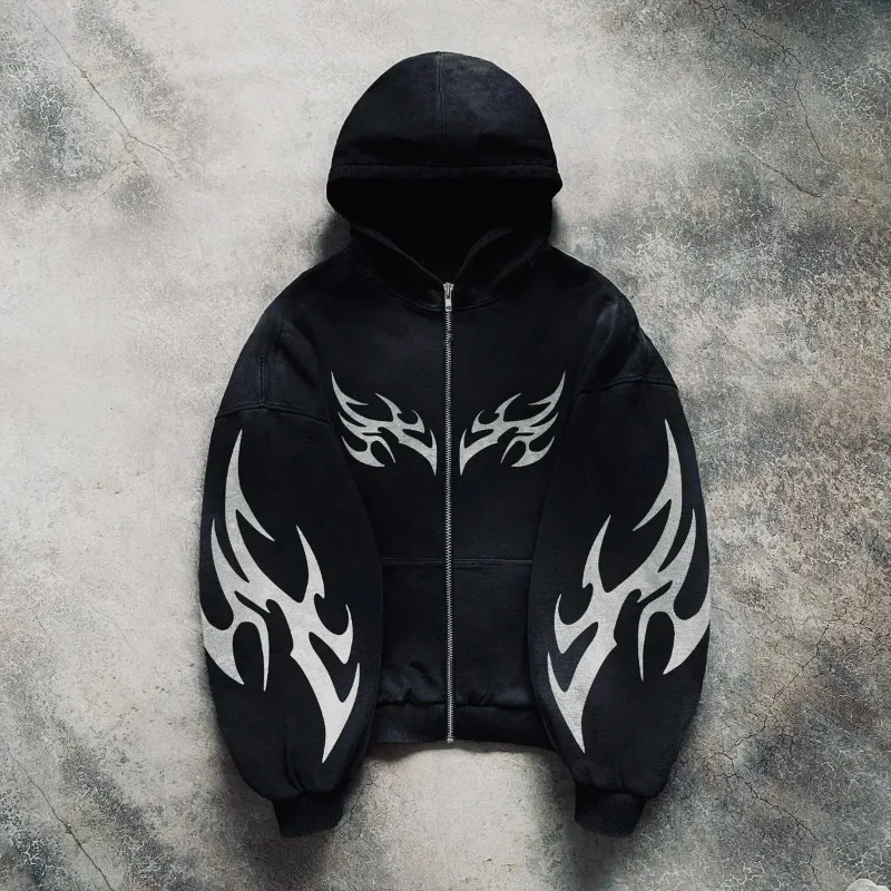 

Gothic Punk Graphic Print Sweatshirt High Street Harajuku Y2K Streetwear Jacket Men Hip Hop Retro Casual Oversized Zipper Hoodie