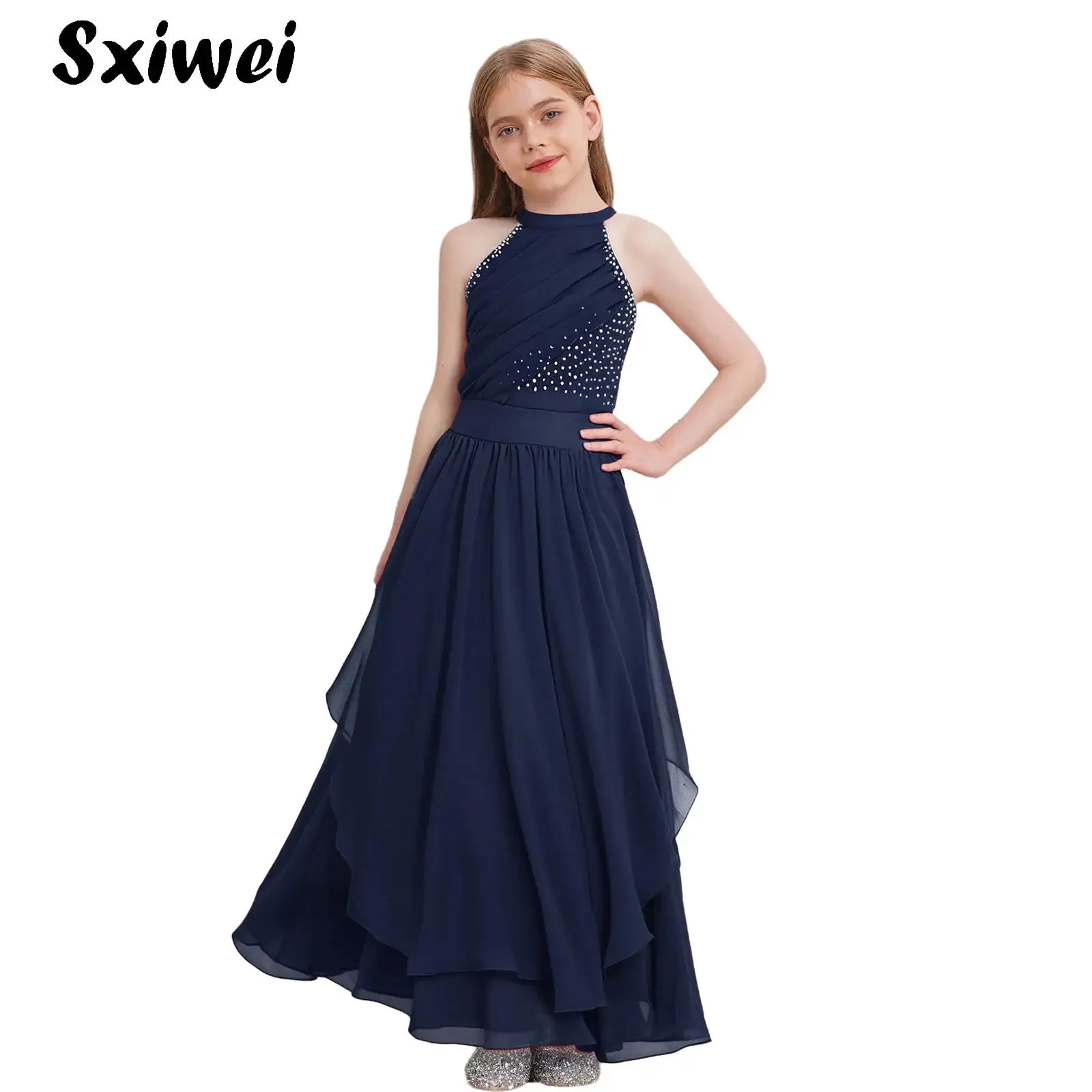 

6-16Y Kids Wedding Flower Girls Dress Sleeveless Elegant Ruched Rhinestone Chiffon Princess Birthday Prom Party Long Dresses