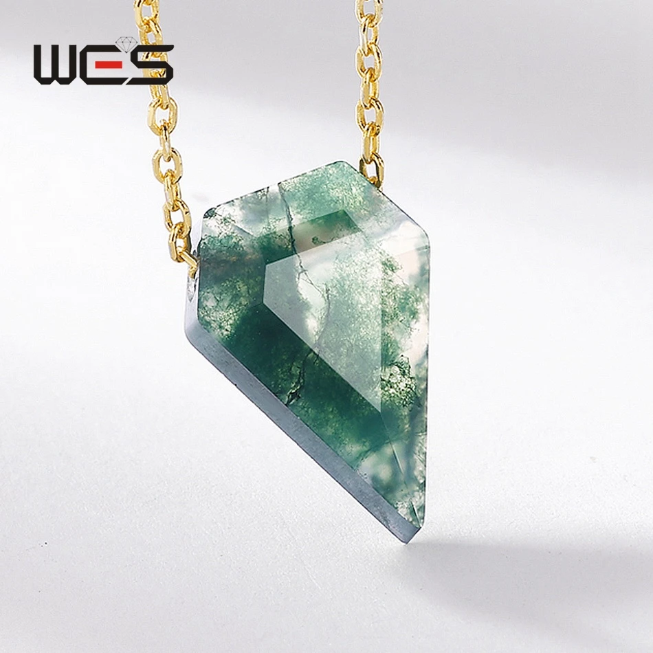 WES 925 فضة 10*15 مللي متر الطحلب الطبيعي قلادة عقيق للمرأة الكلاسيكية الأحجار الكريمة غرامة مجوهرات هدايا الخطوبة مطلية بالذهب #3