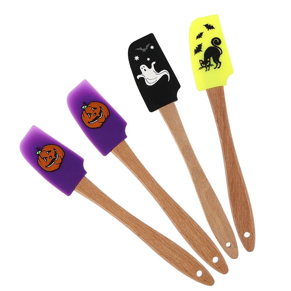 

4 pcs Halloween Silicone Spatula Set Baking Spatulas Wooden Handle Kitchen Gadgets Cake Frosting Scraper Bakery Utensils Bowl