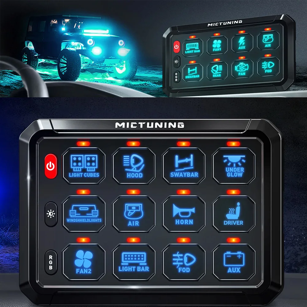 MICTUNING P1S RGB 8/12 Gang Switch Panel – Universal 12V/24V LED Control System W/Smart Relay, Waterproof Design & Custom Light