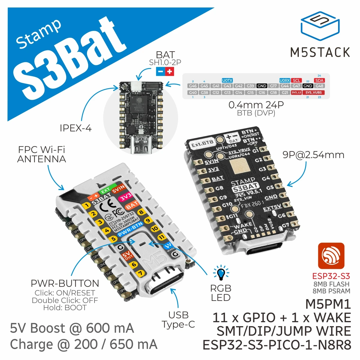 M5Stack Official M5StampS3 BAT Module with Battery Connector