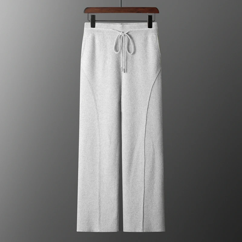 

Men's 100% Cashmere Pants Thick Straight Leg Pants Autumn Winter Smart Casual Elasticated Waist Cashmere Knitted Trousers