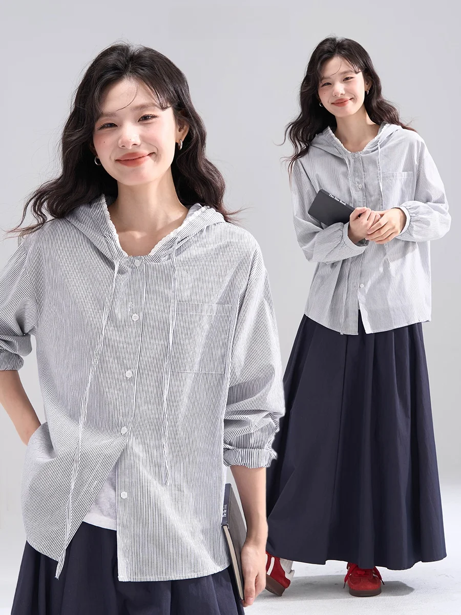 

Morning Seven-Quarter Sve Lace Trim Hooded Striped Long irt Jaet Women's Loose Fit Pure Cotton Korean Sle Commute Wind