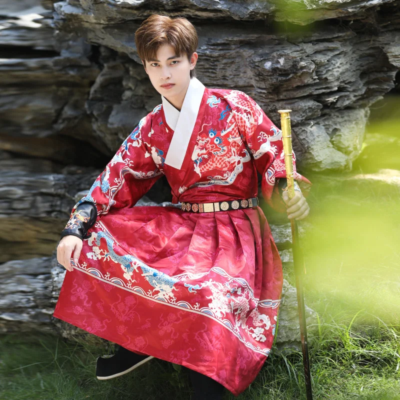 Chinese Traditional Ming Qing Dynasty Men Hanfu Dress Dragon Print Tang Suit Hanbok Korean Robe Prince Swordsman Cosplay Costume