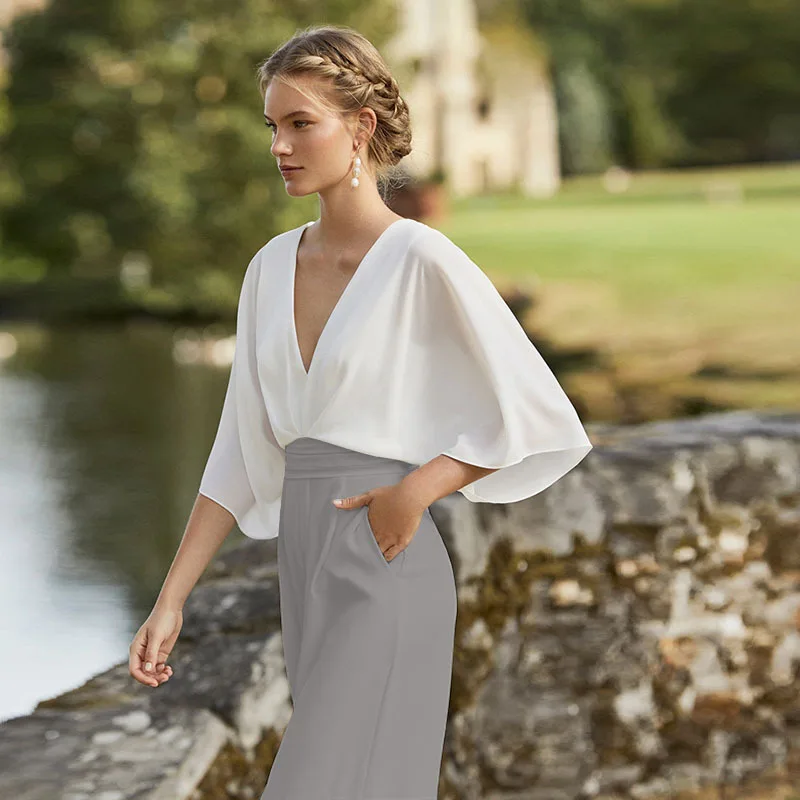 우아한 슬림핏 원피스 팬츠 딥 브이넥 와이드 레그 비치 휴가 하이웨이스트 롱 팬츠 캐주얼 점프수트 여성용